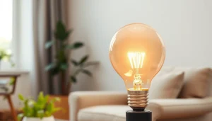 A19 bulb glowing in a modern living room, showcasing its design and ambiance.