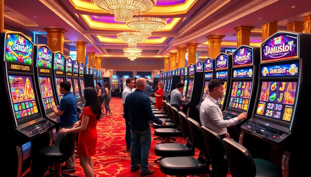 Players enjoying the excitement of JAMUSloT slot games in a vibrant casino atmosphere.