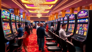 Players enjoying the excitement of JAMUSloT slot games in a vibrant casino atmosphere.