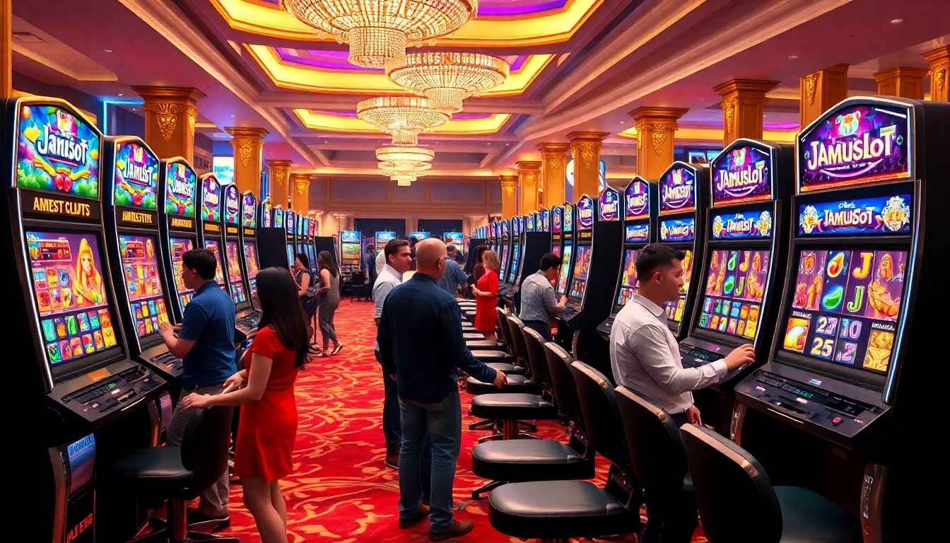 Players enjoying the excitement of JAMUSloT slot games in a vibrant casino atmosphere.