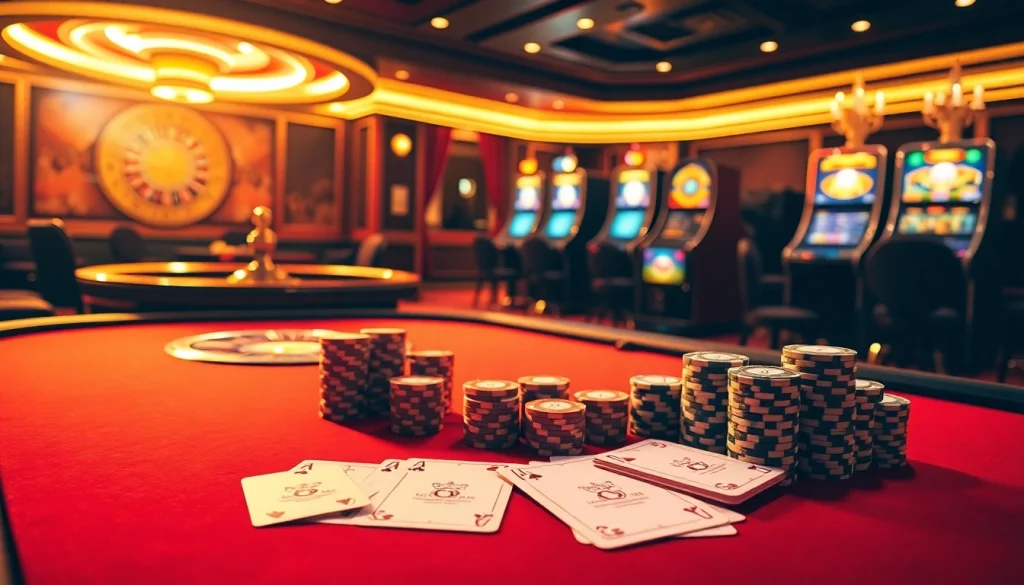 Engaging poker game at nhà cái thabet casino with vibrant poker chips and cards.