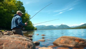 Fishing enthusiast using best fly fishing rods amidst nature's beauty at a tranquil river.