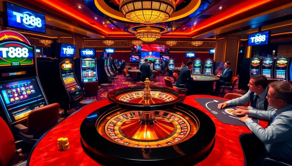 TV88 gamblers winning at roulette and poker tables in a luxurious casino atmosphere.