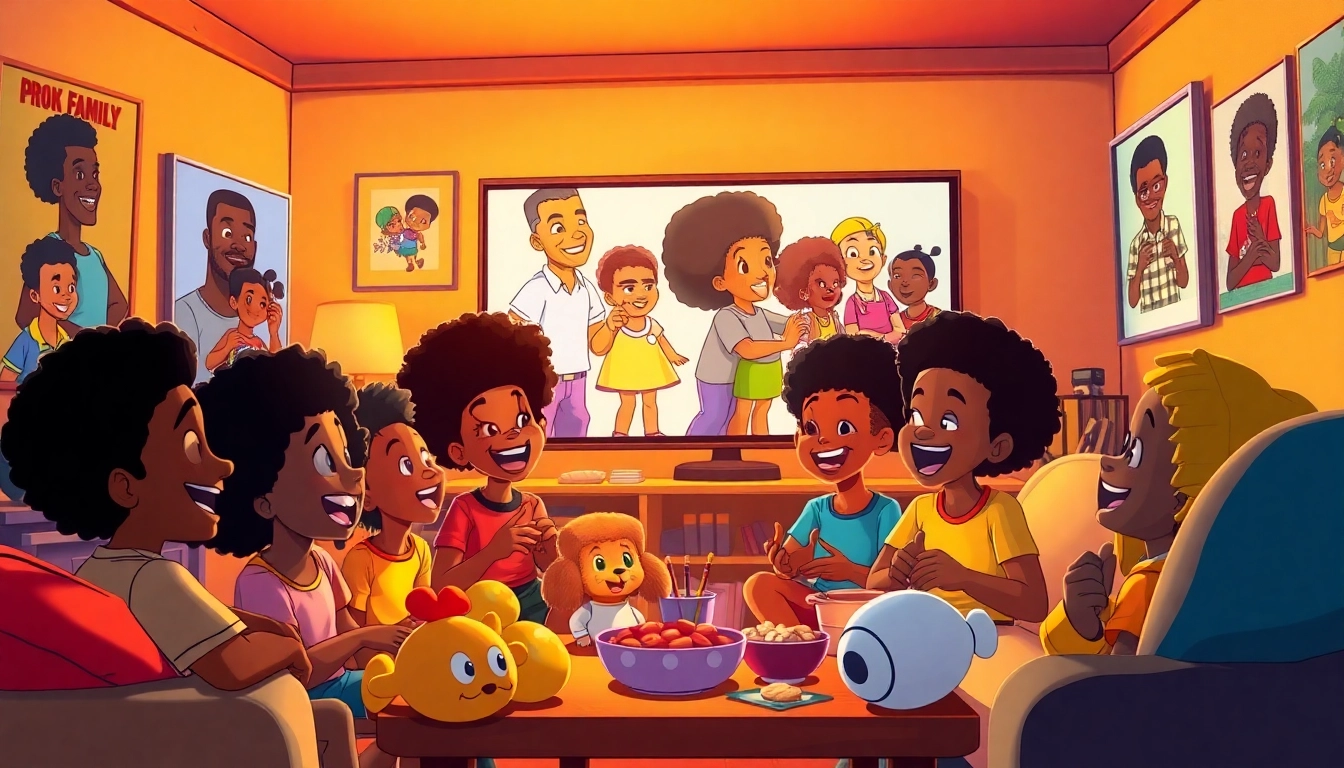 A diverse group of children enjoying African American cartoons in a cozy living room.