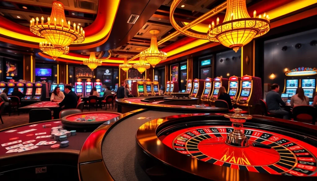 Experience thrilling KJ C gaming at an upscale casino, with players engaged around vibrant tables.