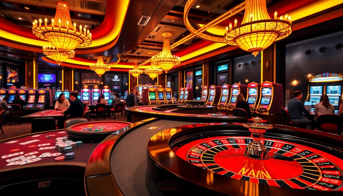Experience thrilling KJ C gaming at an upscale casino, with players engaged around vibrant tables.