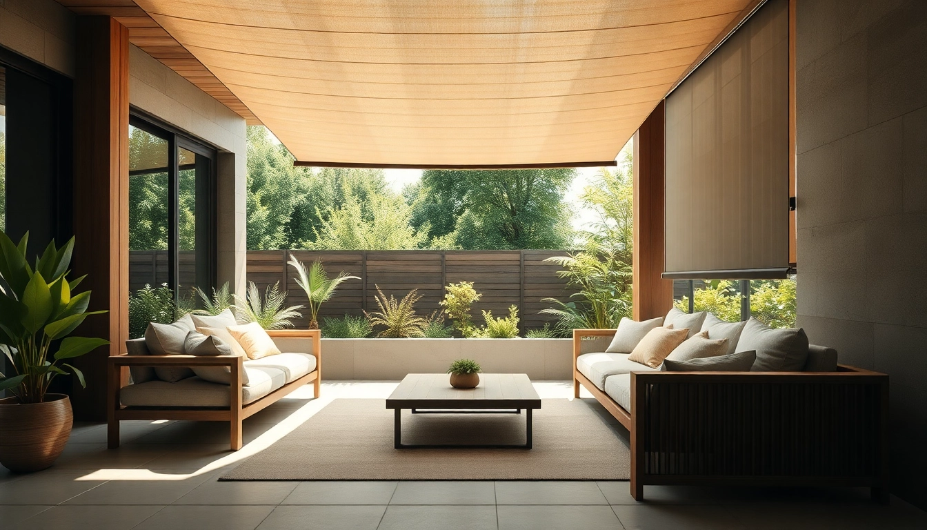 The image highlights modern Outdoor Shades providing shade and style in a cozy patio setting.