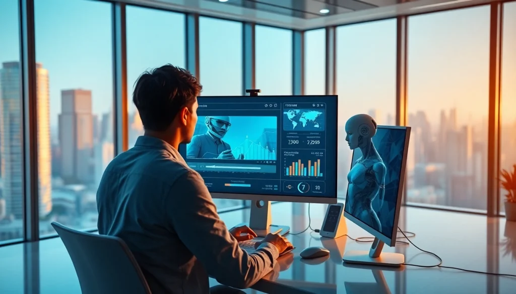 Video to prompt technology showcased in a modern workspace with digital interfaces and AI insights.