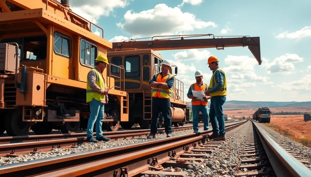 Railroad Contractors collaborating on a project at a construction site with machinery.