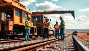 Railroad Contractors collaborating on a project at a construction site with machinery.