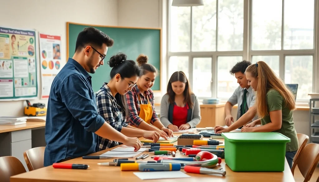 Engaged students collaborating in a bright classroom at trade school Hawaii.
