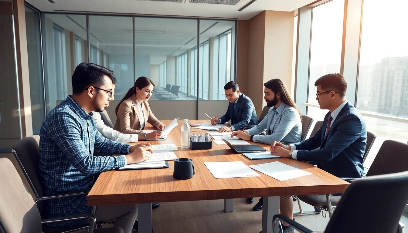 Illustration of Federal and State contracts pre-post award compliance meeting, showcasing diverse professionals in a modern conference room.
