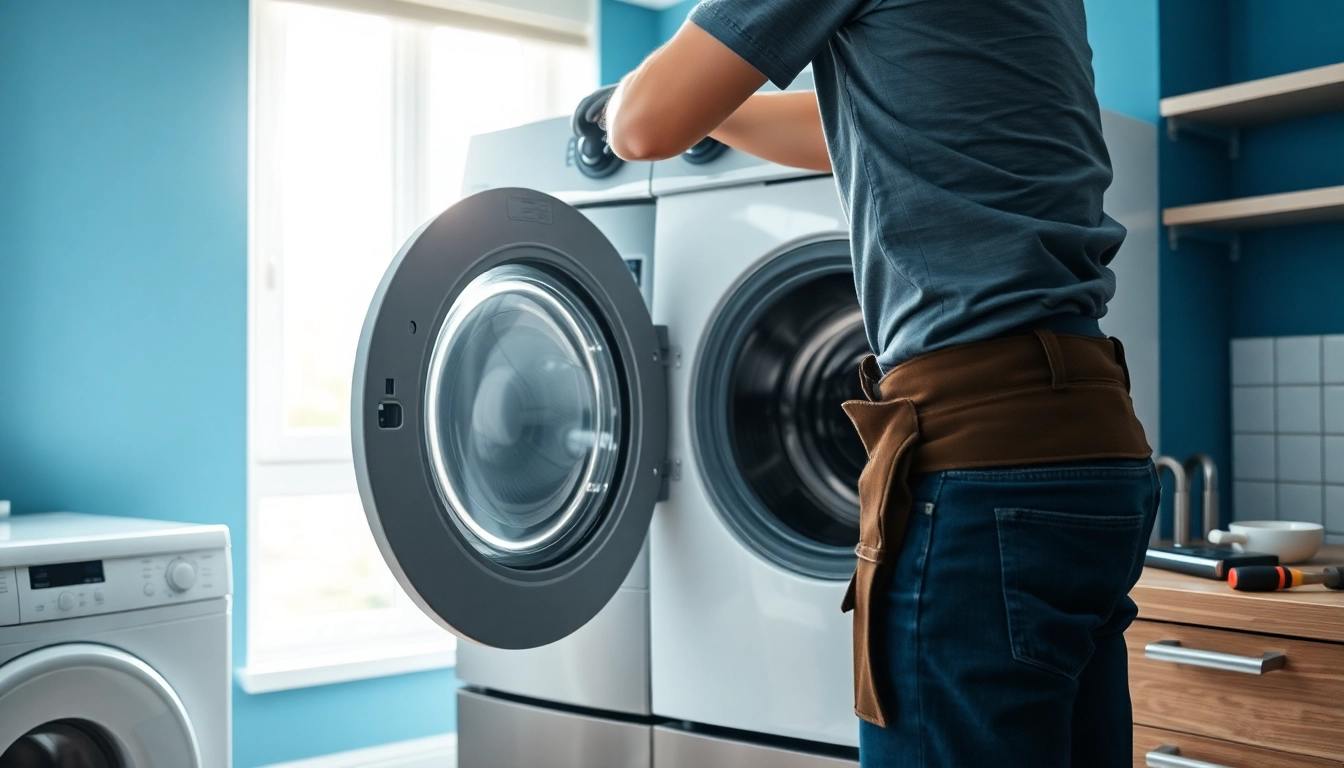 Fix washing machine with a technician repairing it in a well-lit laundry room.