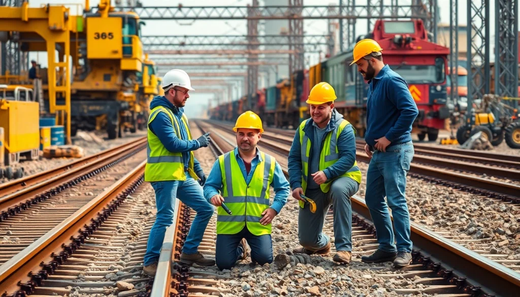 Engaged professionals in rail jobs collaborating on a construction site.
