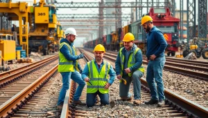 Engaged professionals in rail jobs collaborating on a construction site.