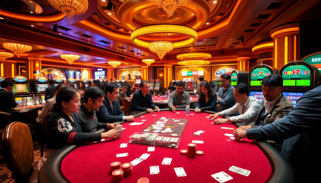 Engage with the thrilling action at RR99 casino, highlighting poker, chips, and vibrant slot machines.