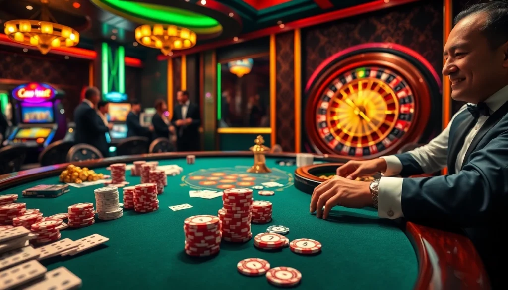 Engaging scene of high-stakes poker at nhà cái thabet, with vibrant chips and cards.