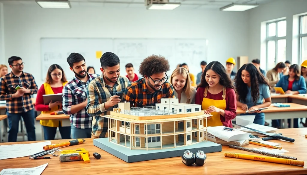 Students engaged in hands-on construction classes building models collaboratively.