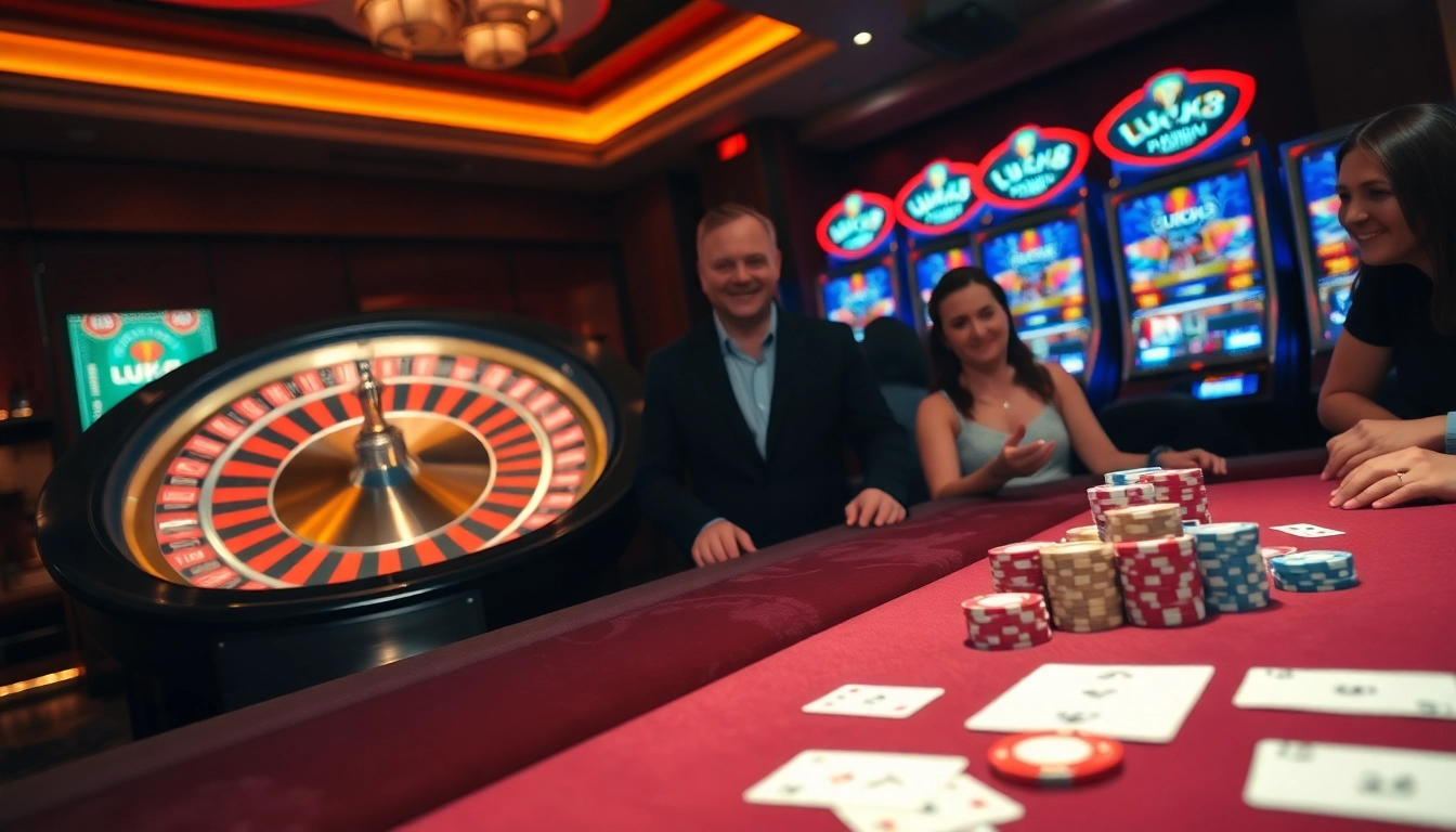 Players enjoy an exciting game night at LUCK8's elegant casino tables and slot machines.