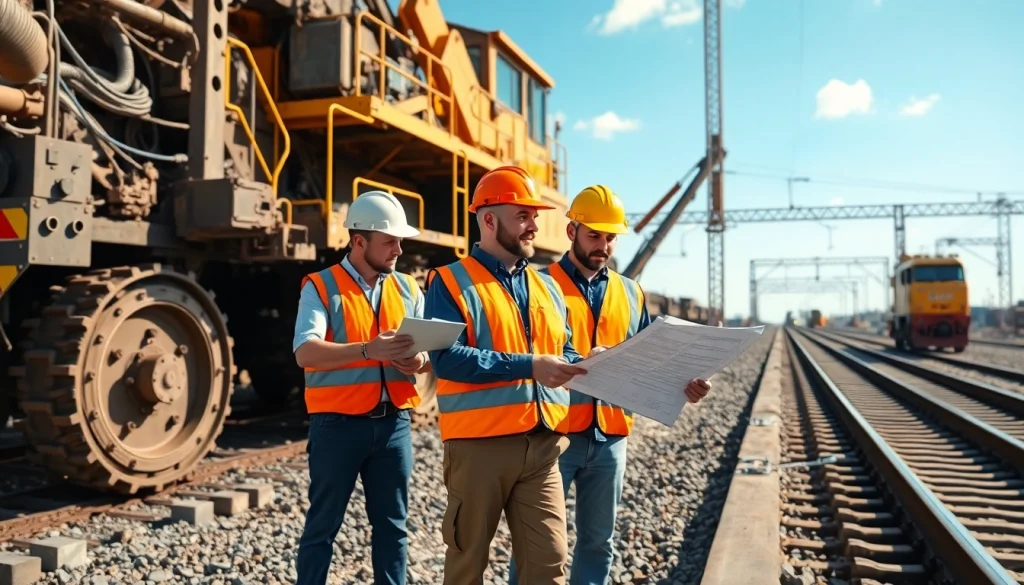 Railroad Contractors working diligently on a railway construction site with machinery and plans.