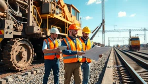 Railroad Contractors working diligently on a railway construction site with machinery and plans.