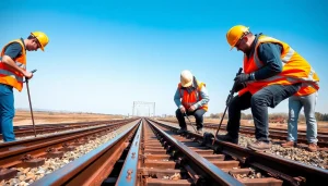 Railroa Maintenance Services team inspecting railroad tracks in a professional setting.