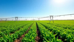 Efficient land irrigation system with pivot sprinklers watering crops in a lush green field.