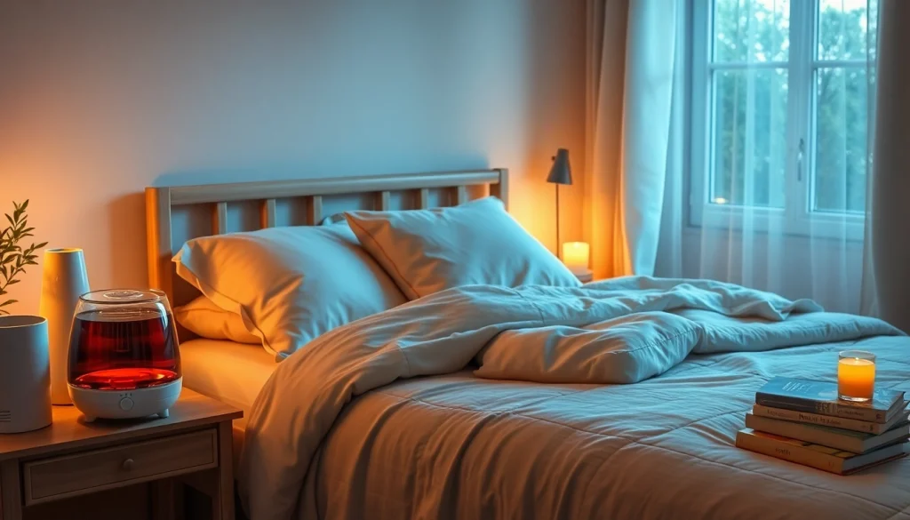 風邪を一晩で回復させる効果的な方法を強調する、ハーブティーと落ち着いた装飾を特徴とするリラックスした寝室のシーン。
