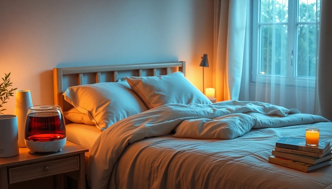 風邪を一晩で回復させる効果的な方法を強調する、ハーブティーと落ち着いた装飾を特徴とするリラックスした寝室のシーン。