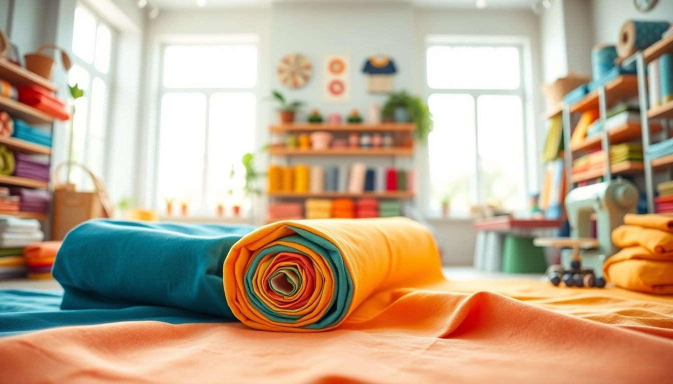 Verken uni katoen stof met een levendig kleurring in een stoffenwinkel.