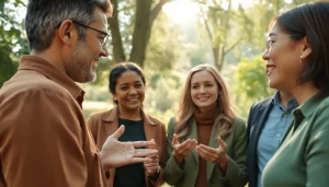 Engaged individuals illustrating mental health awareness in a serene outdoor setting.