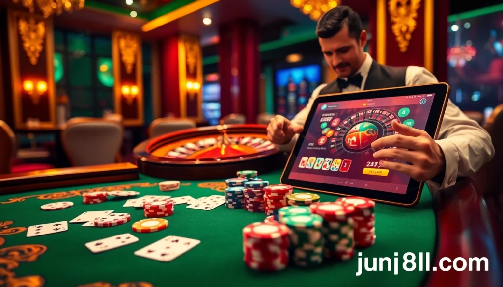 Experience thrilling gameplay at jun88pl.com with vibrant poker chips and engaging casino tables.