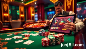 Experience thrilling gameplay at jun88pl.com with vibrant poker chips and engaging casino tables.