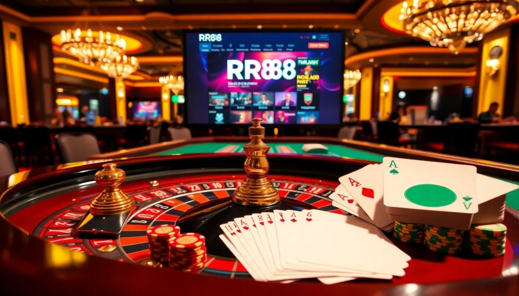 RR88 players winning big at a luxurious casino gaming table with vibrant atmosphere.