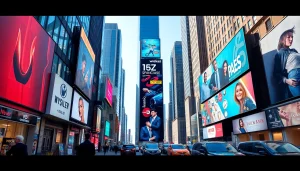 Interactive digital advertising boards showcasing vibrant content in an urban setting.