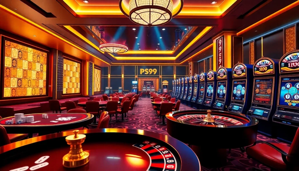 Experience the thrill of gambling at PS99 with vibrant casino tables and engaging slot machines.