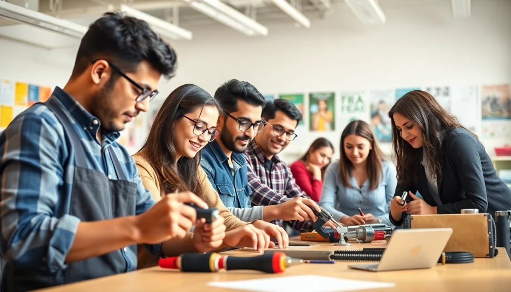 Students in a trade school classroom engaging with tools and equipment in real-world training.