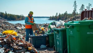 Workers efficiently managing waste at the cold lake dump, promoting environmental stewardship.